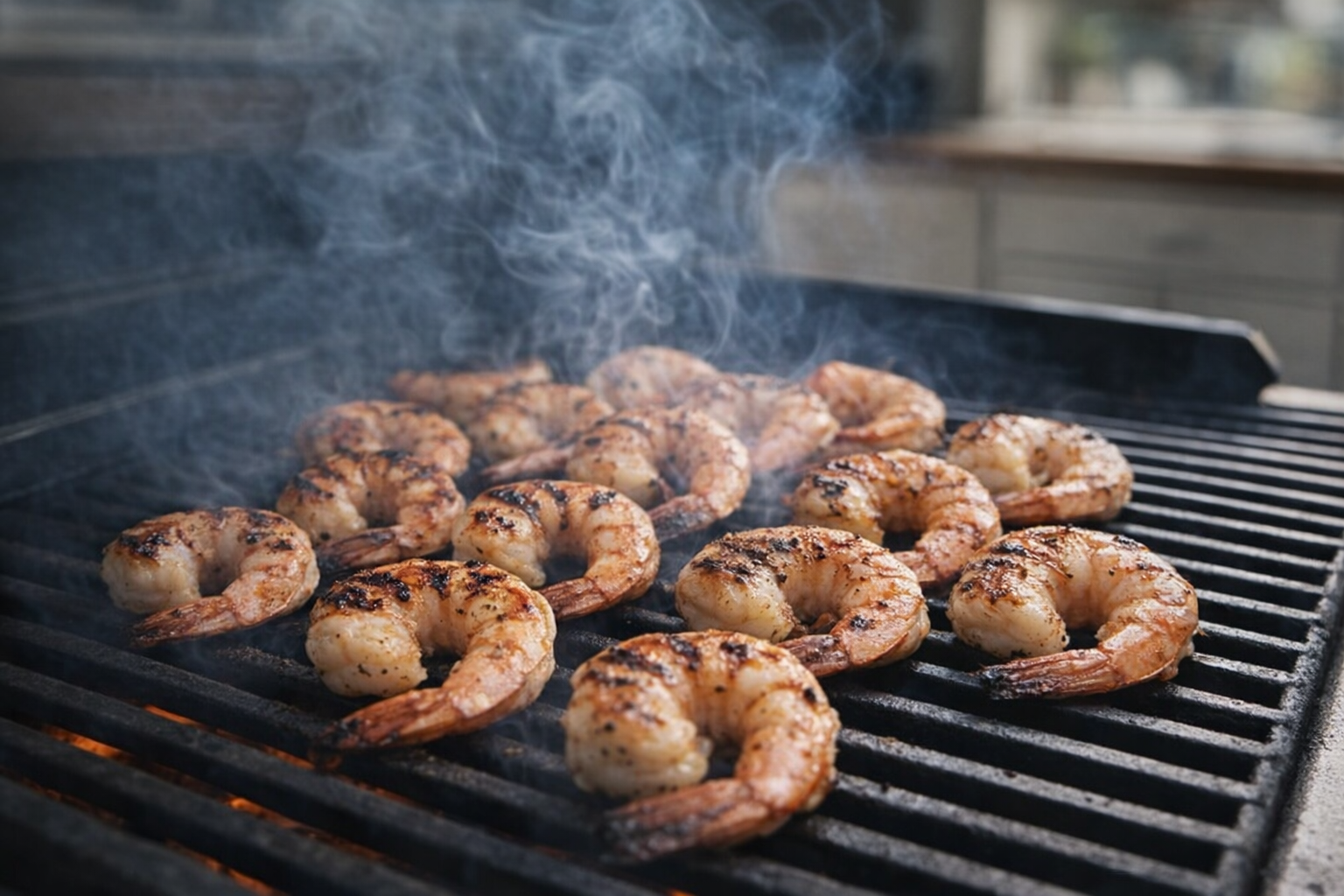 An eye-level shot of shrimp sizzling on a grill, smoke rising, with grill marks visible on the shrimp